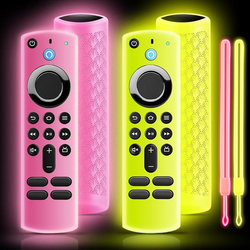 OneBom (2 Pack) Silicone TV Remote Cover,Anti Slip Silicone Protective Case with Same Color Lanyard（Glow Pink&Glow Yellow） - Image 1
